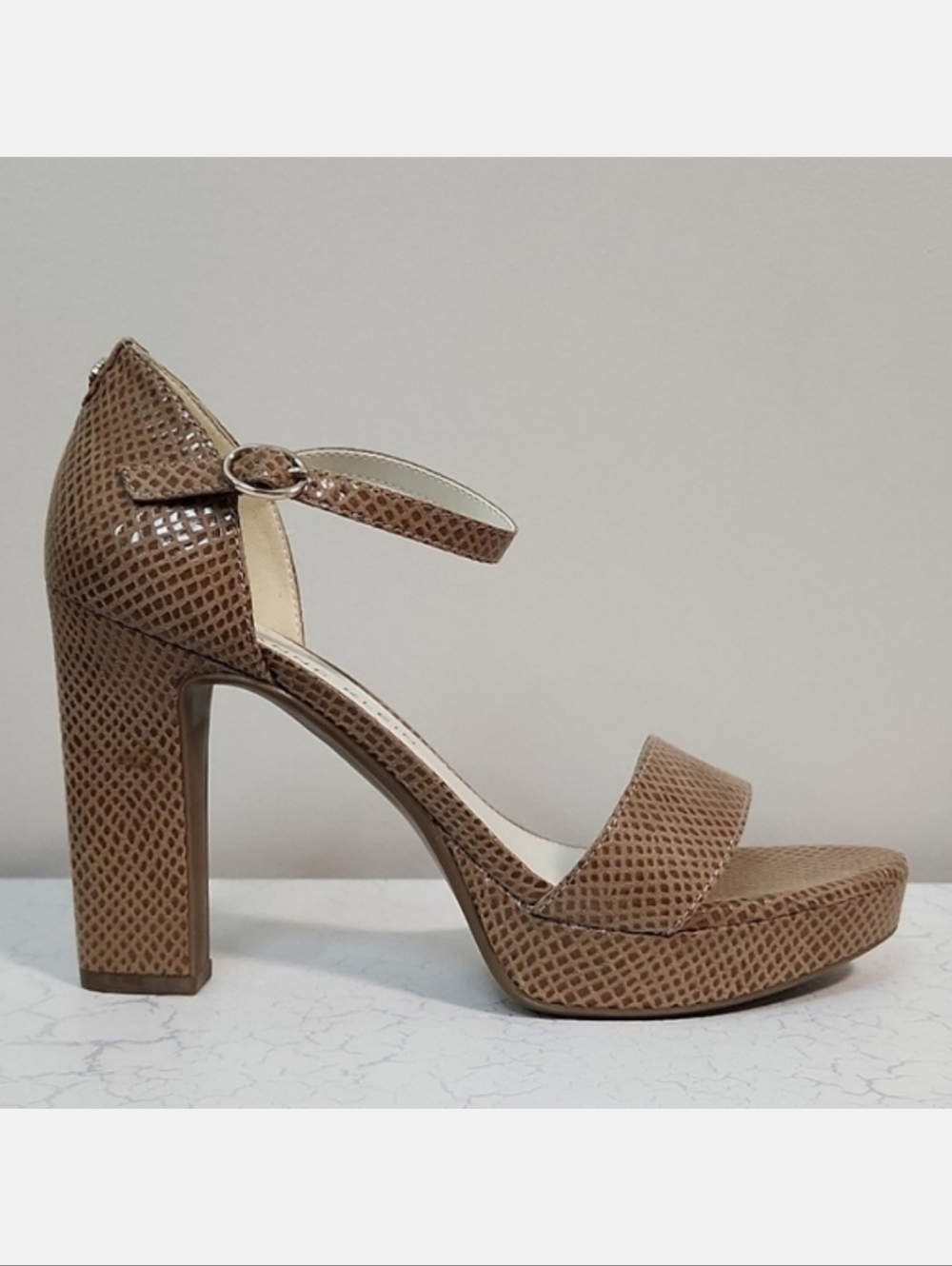 Anne Klein Tan Faux Snake Platform Sandal W/ Chunky Heel, Size 8.5~NWT